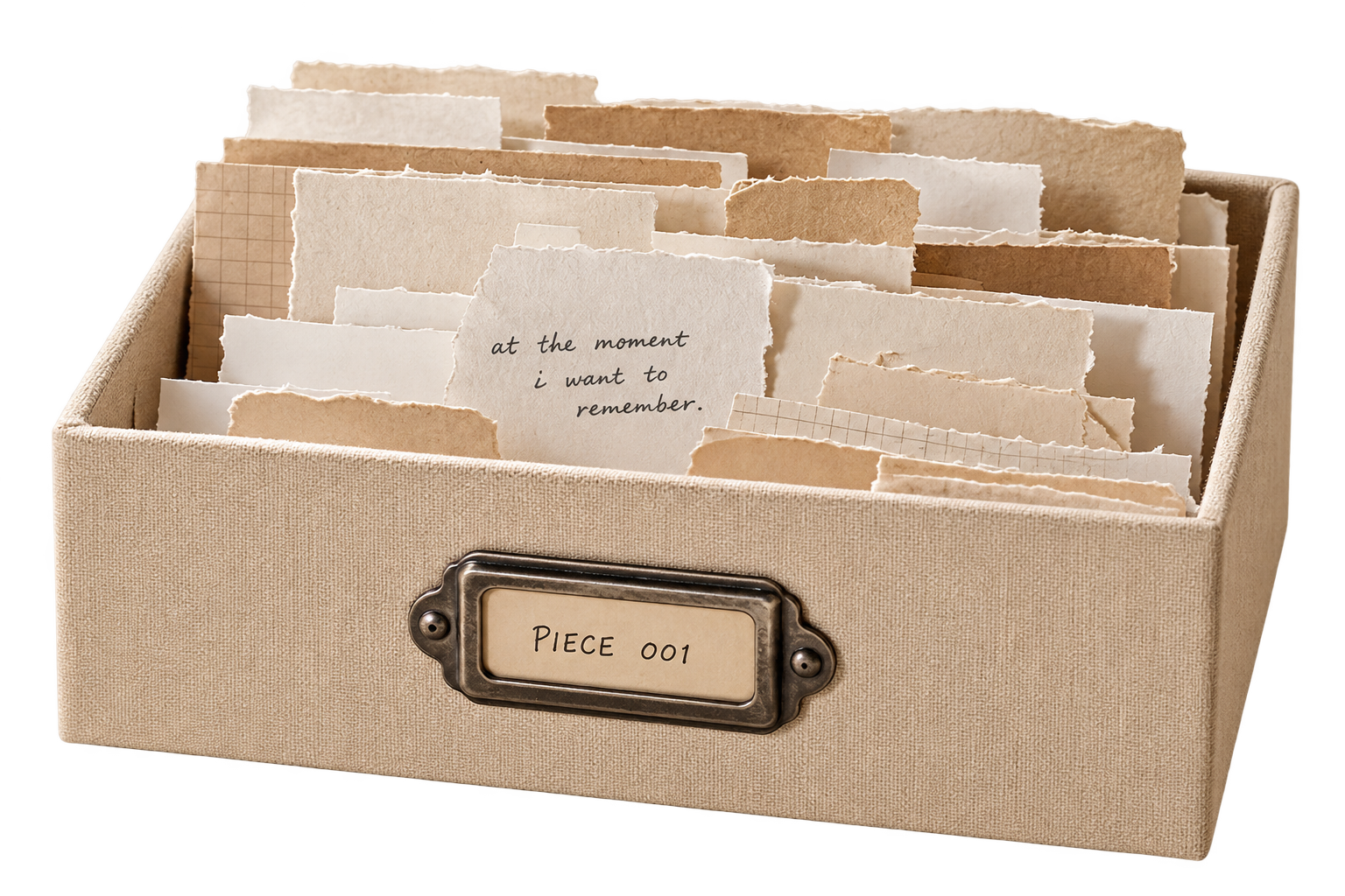 Woven keepsake box filled with torn paper notes, labeled “PIECE 001,” with a central card reading “at the moment i want to remember.”