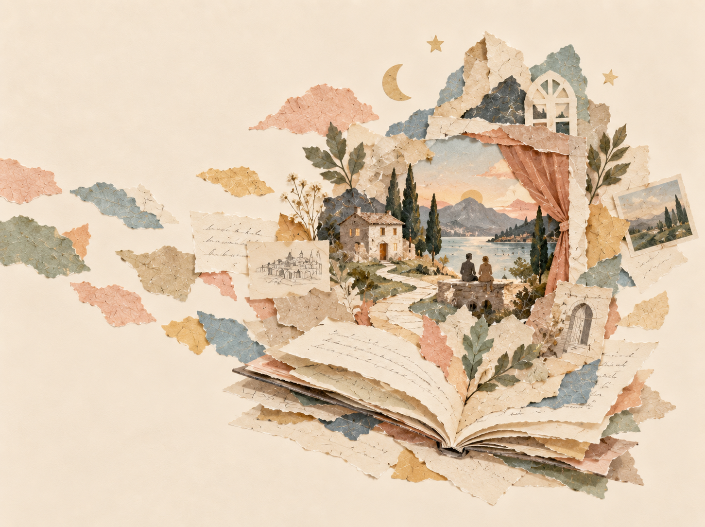 Open book with torn paper landscapes, a lakeside house, mountains, plants, stars, and a crescent moon.
