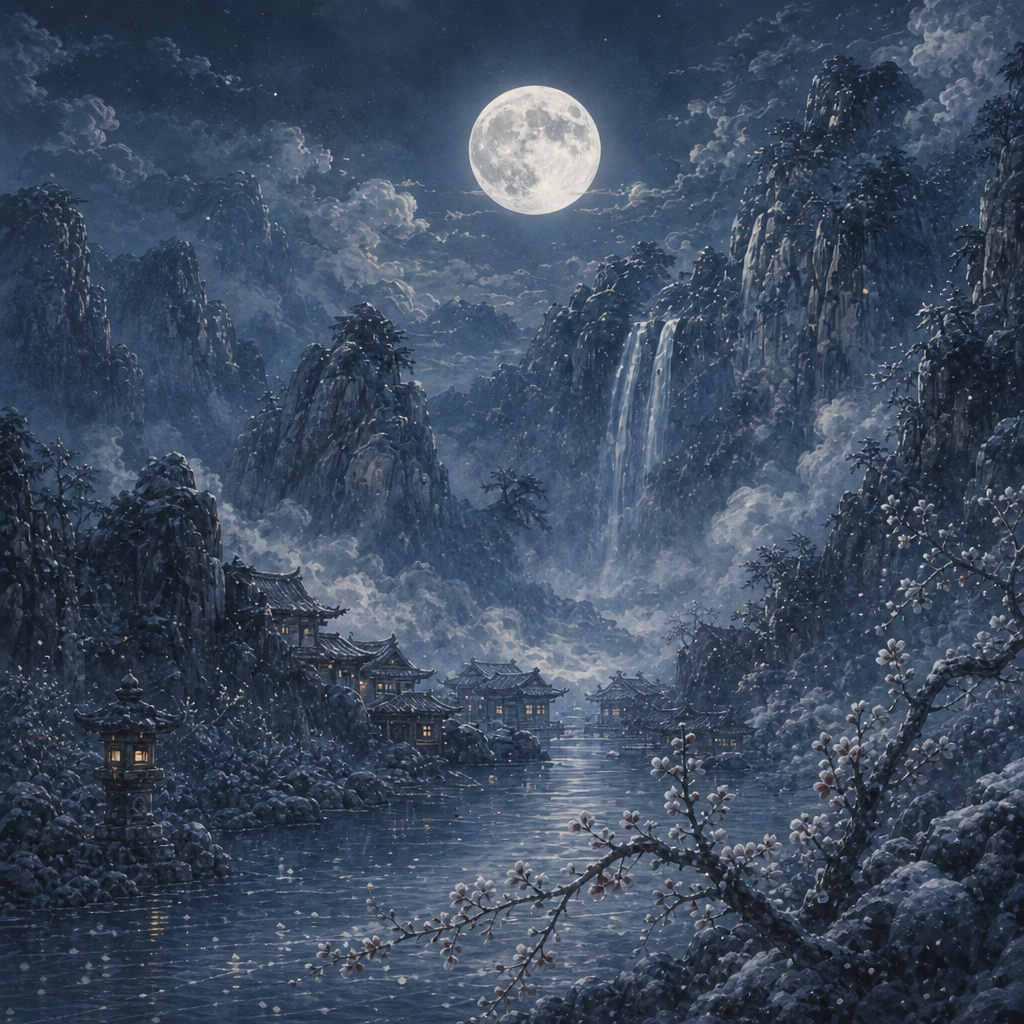 Moonlit mountain valley with a waterfall, riverside village, glowing lanterns, and snow-covered flowering branches.