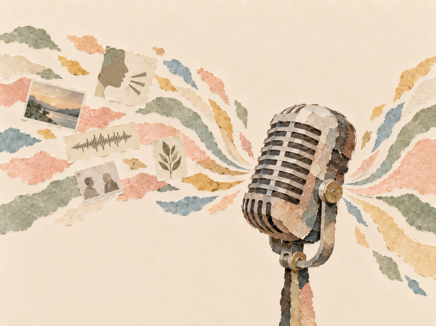 Vintage microphone surrounded by torn-paper sound waves, photos, a waveform, a leaf, and conversation imagery.