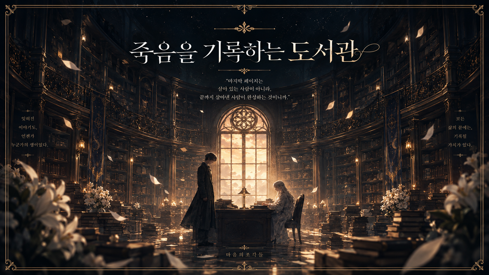 Two figures meet at a desk inside an ornate, candlelit library beneath a glowing sunset window.