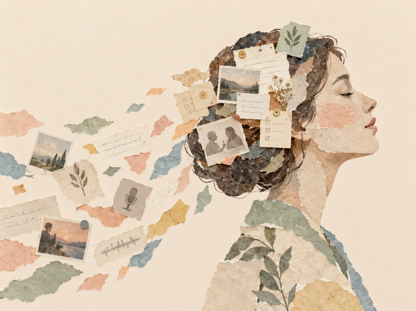 Mixed-media collage of a woman’s right-facing profile covered with photographs, notes, botanical papers, and colorful torn fragments.